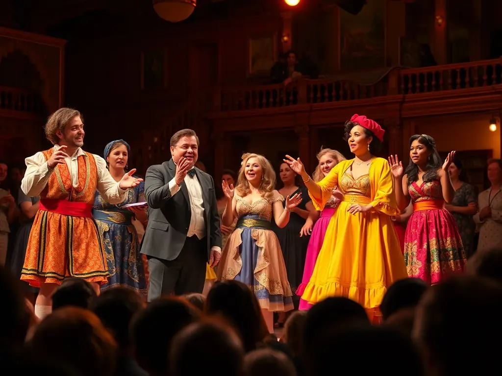A vibrant stage scene with actors in colorful costumes performing a play, showcasing the inclusive theatre productions of THEATRE DE L'HORIZON.