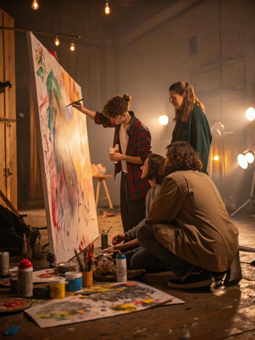Emerging artists working on a collaborative project during an artist residency at THEATRE DE L'HORIZON, highlighting mentorship and artistic growth.