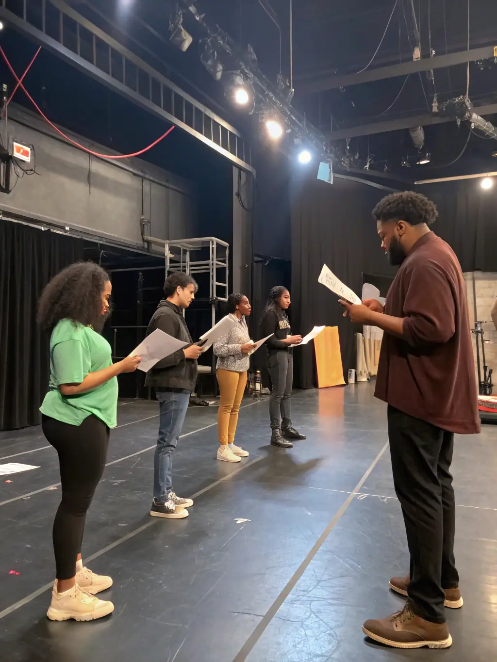 A diverse group of actors participating in an inclusive theatre workshop, showcasing collaboration and creative expression at THEATRE DE L'HORIZON.
