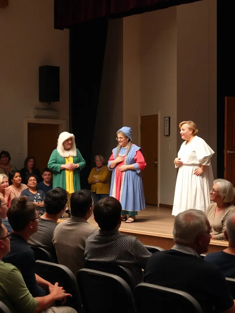 A vibrant and inclusive theatre production with actors of diverse backgrounds performing on stage, showcasing THEATRE DE L'HORIZON's commitment to accessible and engaging performances.