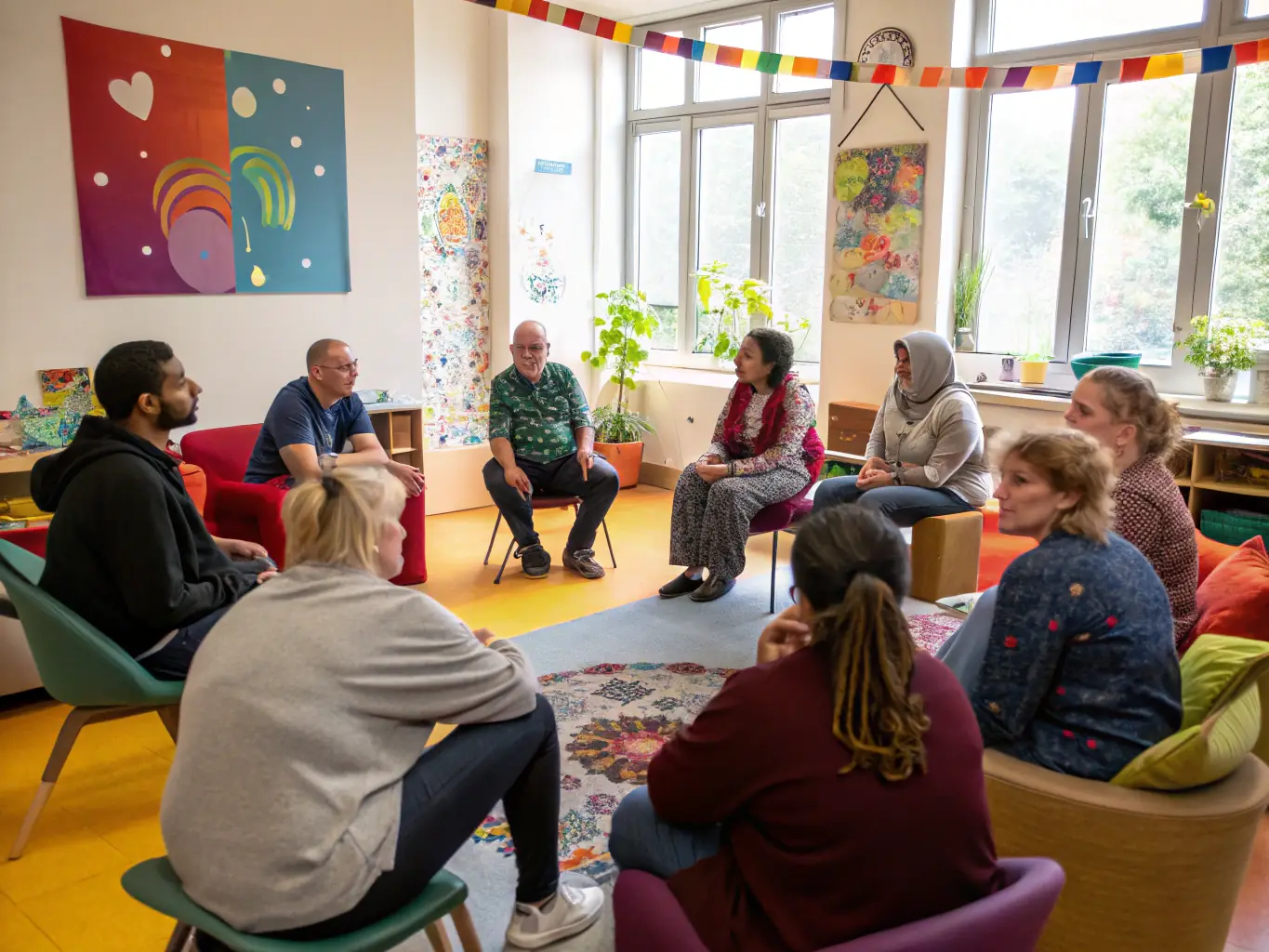 A diverse group of community members participating in an interactive theatre workshop, facilitated by THEATRE DE L'HORIZON.